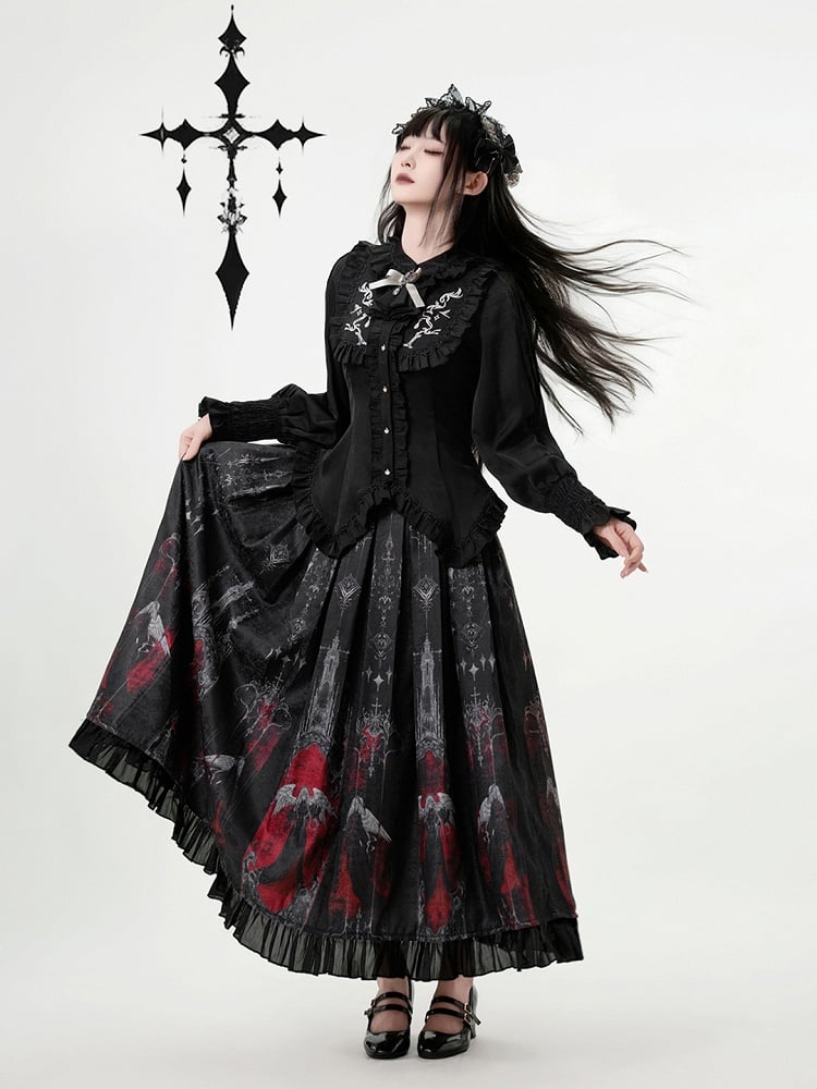 Black Pleat Red Angel Castle and Hem Box Gothic Print Skirt with Ruffled