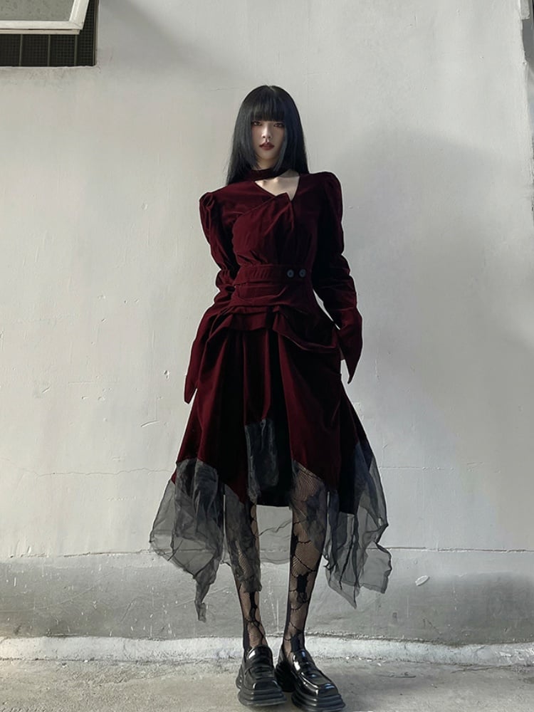Gothic Wine Red Velvet Handkerchief Hem Midi Length Dress