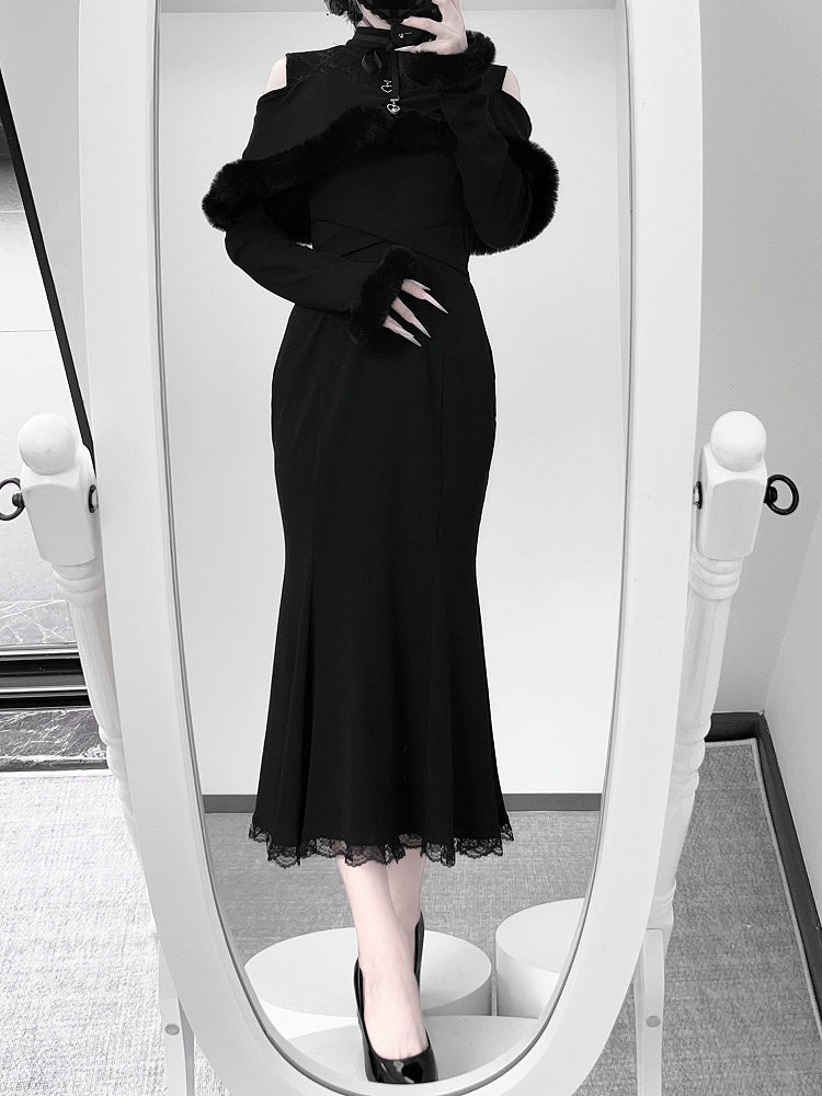 Kei Style Trim Innocent with Pink/Black Shoulder Fuzzy in Mermaid Dress: Jirai Knit Open Elegant