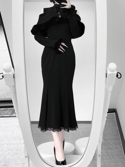 Kei Style Trim Innocent with Pink/Black Shoulder Fuzzy in Mermaid Dress: Jirai Knit Open Elegant