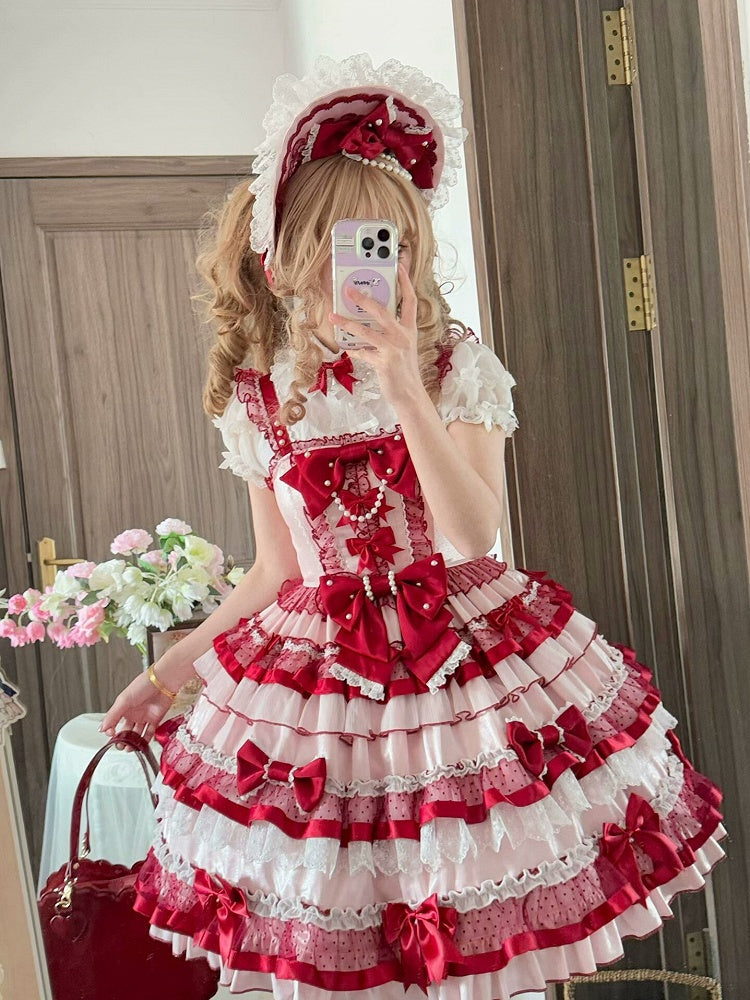 Pink and Red Sweet Bowknots Tiered Ruffles Skirt Old School Lolita Dress