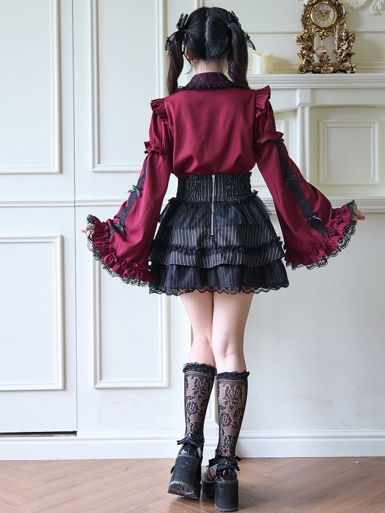 Jirai Kei Detail with Lace Bow Blouse Red Wine Bell-Sleeve Rhinestone