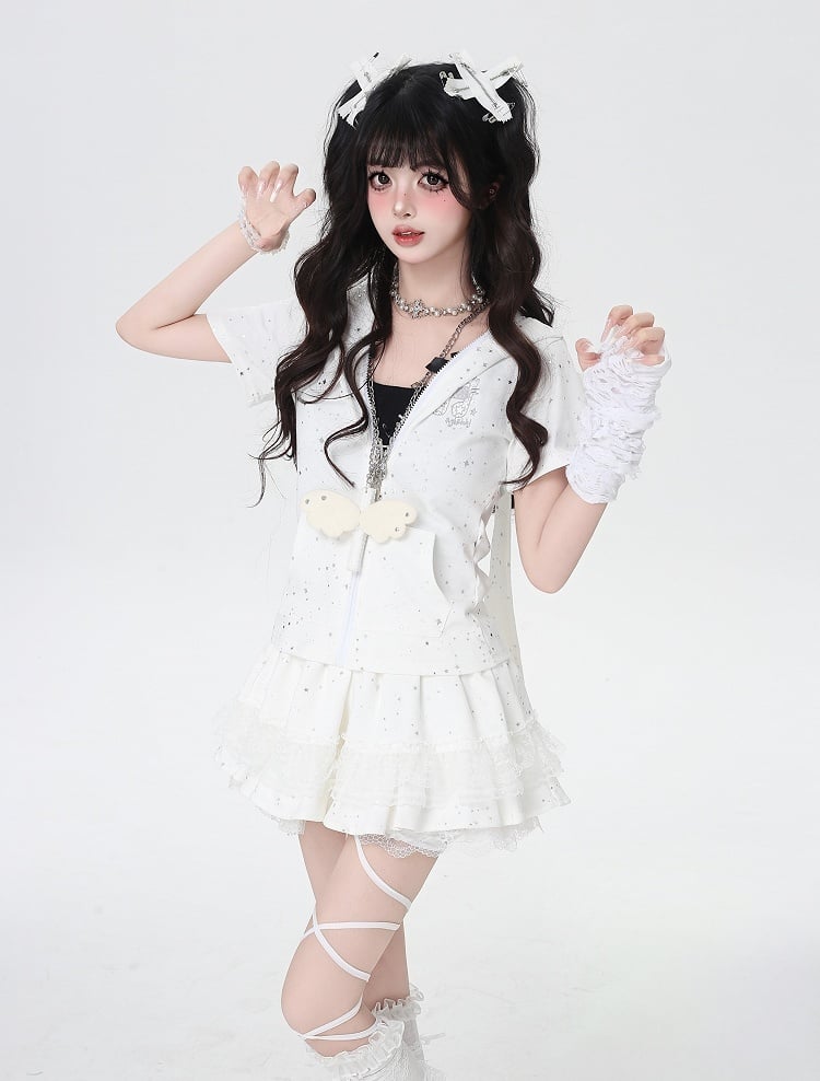 White Print Bunny Ears and Design Hood Allover Wings Star Angel
