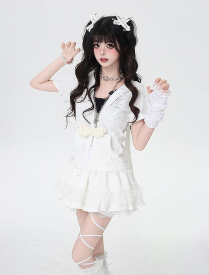 White Print Bunny Ears and Design Hood Allover Wings Star Angel