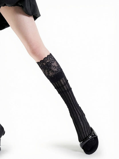 4-Color Lace Trim Calf Socks with Stripe Pattern - ModaSwings