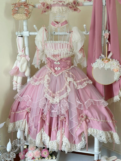 Rosa Blumenfee Basken-Taille Bowknots Dekoration Hanayome Lolita OP / Komplettset