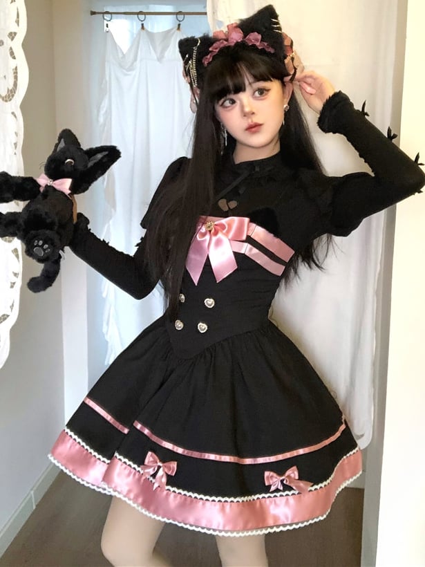 Schwarz-rosa Katzenohren Schleife Akzente Basken Taille Süßes Kleid Lolita Pullover Rock