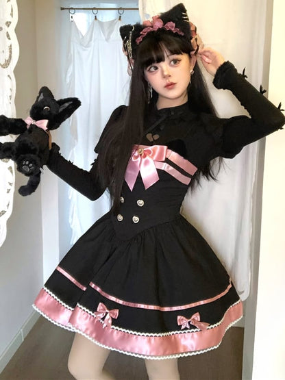 Schwarz-rosa Katzenohren Schleife Akzente Basken Taille Süßes Kleid Lolita Pullover Rock
