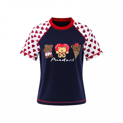 パターン ネイビーブルー カラーブロック デザイン テディベア プリント Tシャツ ハート