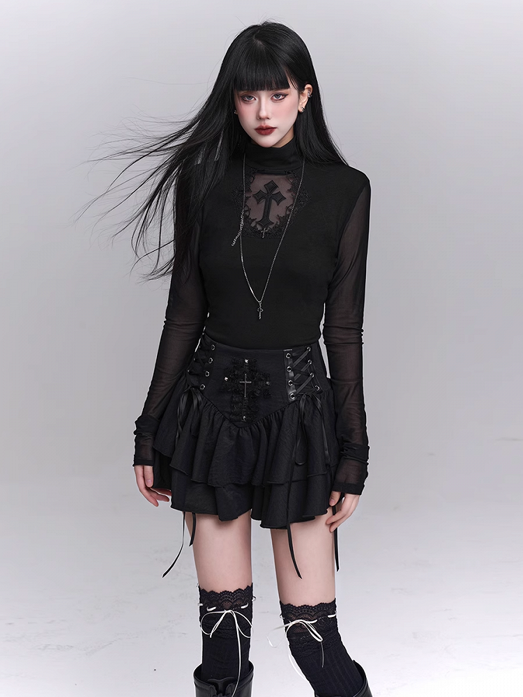 Sleeves Black Mock Neck Coffin-shaped Cutout Cross Applique Mesh