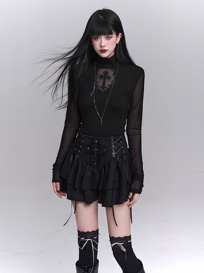 Sleeves Black Mock Neck Coffin-shaped Cutout Cross Applique Mesh
