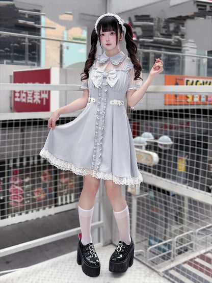 Light Blue Fake Two Piece Lace Patch Short Sleeve Dress - Puppet Bombs