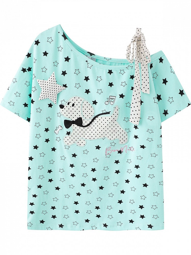 Blue Asymmetric Tee with Star Print & Puppy Patch - Languid Park