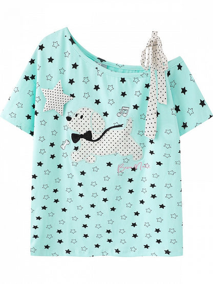 Blue Asymmetric Tee with Star Print & Puppy Patch - Languid Park