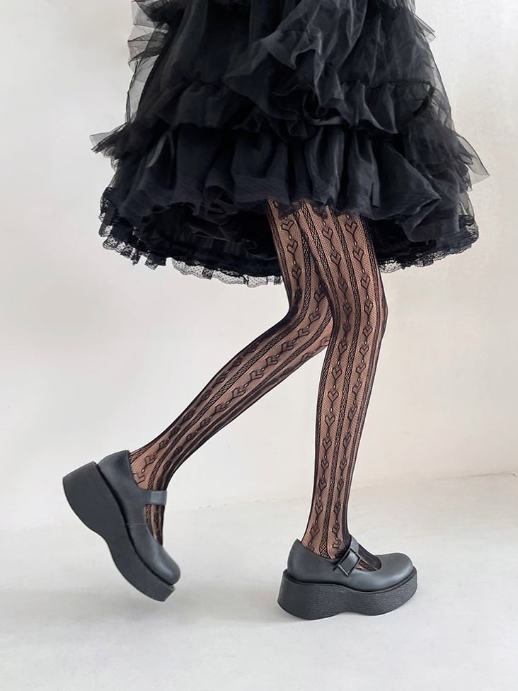 Tights Pattern White/Black Heart Lace