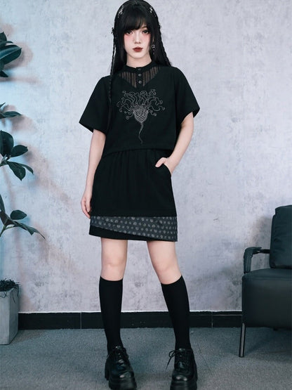 Dark Lace Patch Top with Sea Lily Stitching - Quirky Hut