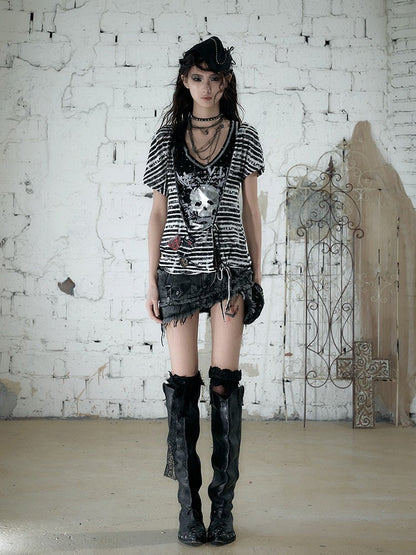 Black White Street Punk Two-Piece Set with Asymmetric Top and Skull Tank - NO ROMANCE