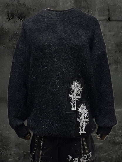 Appliques Punk Pullover Black Vibes Rock - Edgy Sweater Embroidered