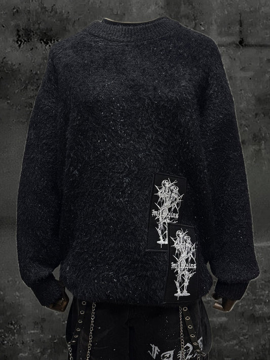 Appliques Punk Pullover Black Vibes Rock - Edgy Sweater Embroidered