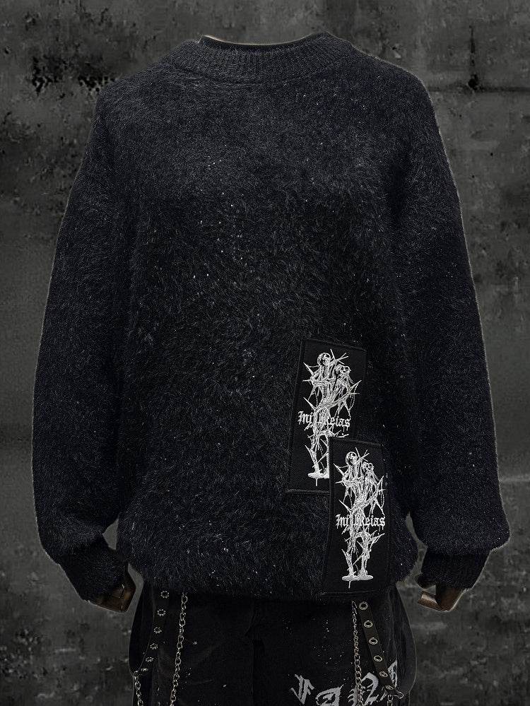 Appliques Punk Pullover Black Vibes Rock - Edgy Sweater Embroidered