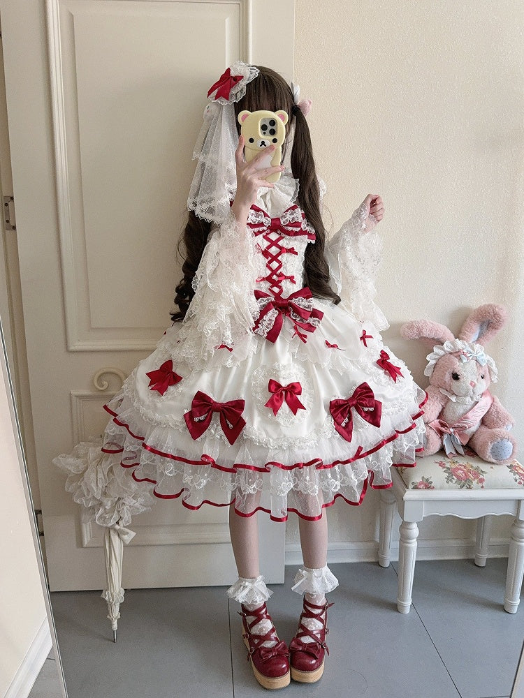 White Princess Lace Bow Doll-Style Sweet JSK Details Red with Lolita Dress