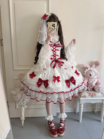 with Heart Sweet JSK / + Big Set Full Doll-Style Lace White Veil Details Red Dress Train Princess Bow Lolita