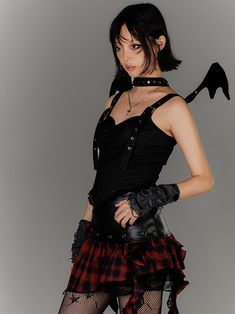 Ruffled Black PU Punk Skirt Hem Y2K Asymmetrical Red Plaid