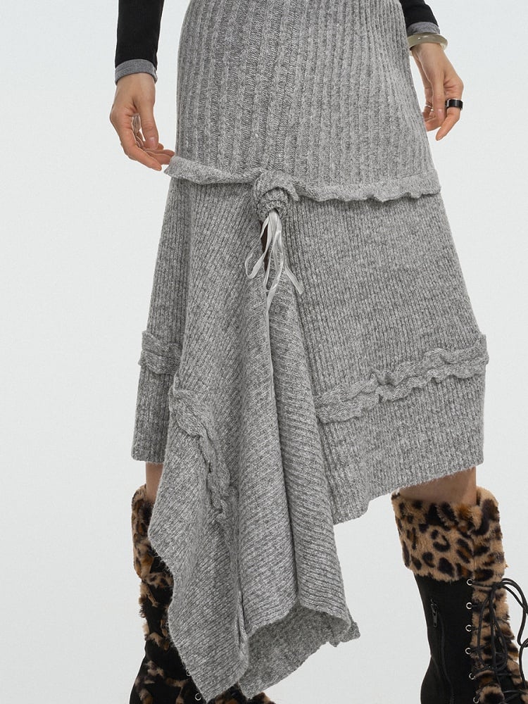Asymmetrical Grey A-Line Knit Skirt with Rose Ribbon Detail