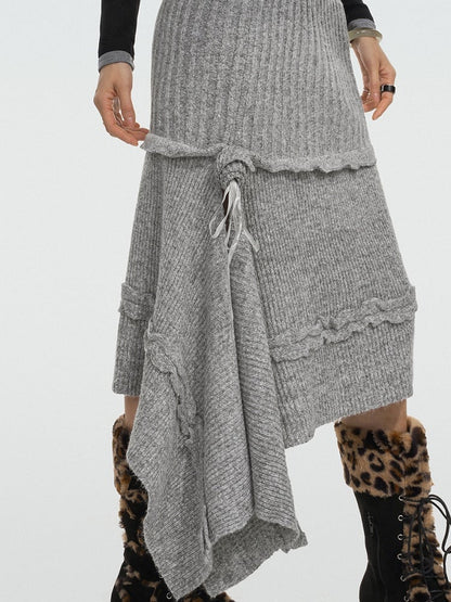 Asymmetrical Grey A-Line Knit Skirt with Rose Ribbon Detail
