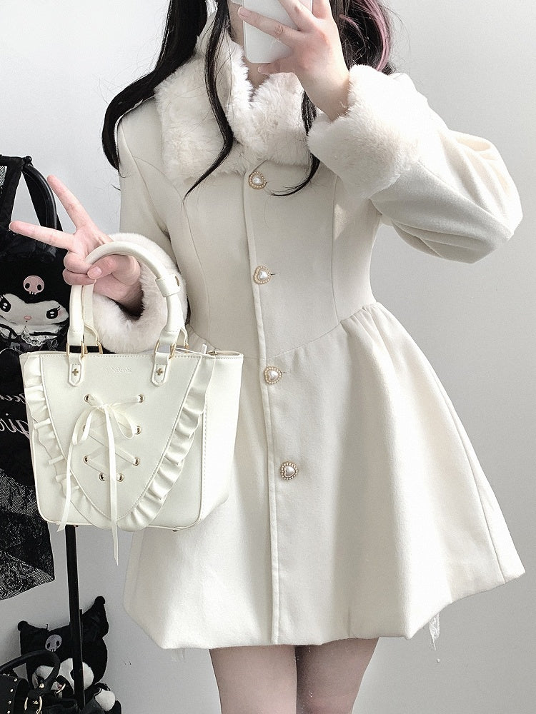 Pink Jirai Kei Wool Coat with Plush Collar and Cuffs