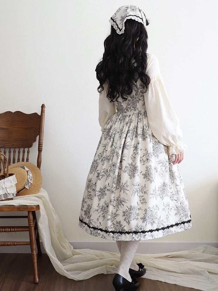 Beige & Black Rosette Print Long-sleeved Elegant Classic Lolita Dress
