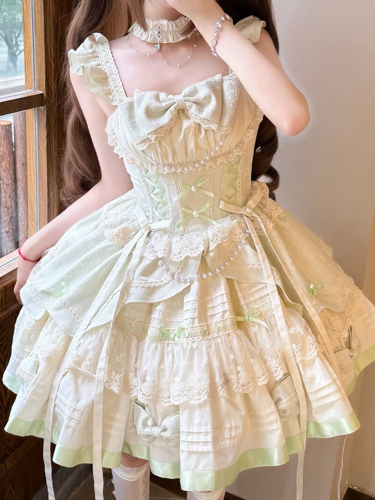 Beads Flutter Sleeves Balletcore Sweet Lolita Jumper Mint Bowknots Skirt and Green Decoration