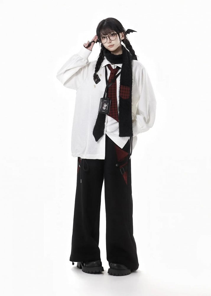 White Long-Sleeve Drawstring-Hem Shirt with Red Plaid Tie
