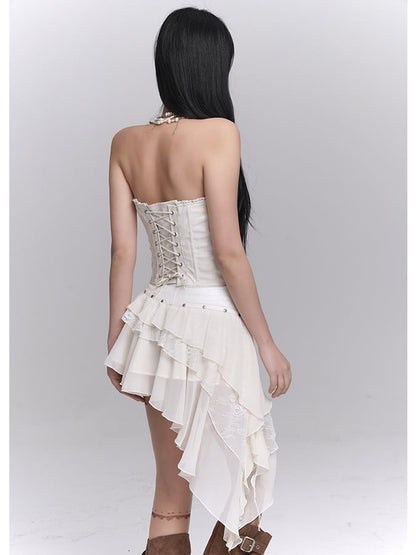 アシンメトリーヘムティアードスカート ストラップレストップ レース編み上げ ベージュクロスアップリケ /