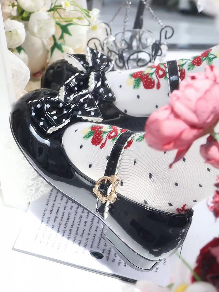 with Bear Round Low-heel Pattern Black and Toe Adorable Dot Clasp Bow in PU Shoes