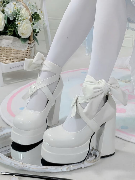 Platform Dual Ribbons White Heels Detachable Lolita - Straps Sophisticated High Block Buckle Crossed