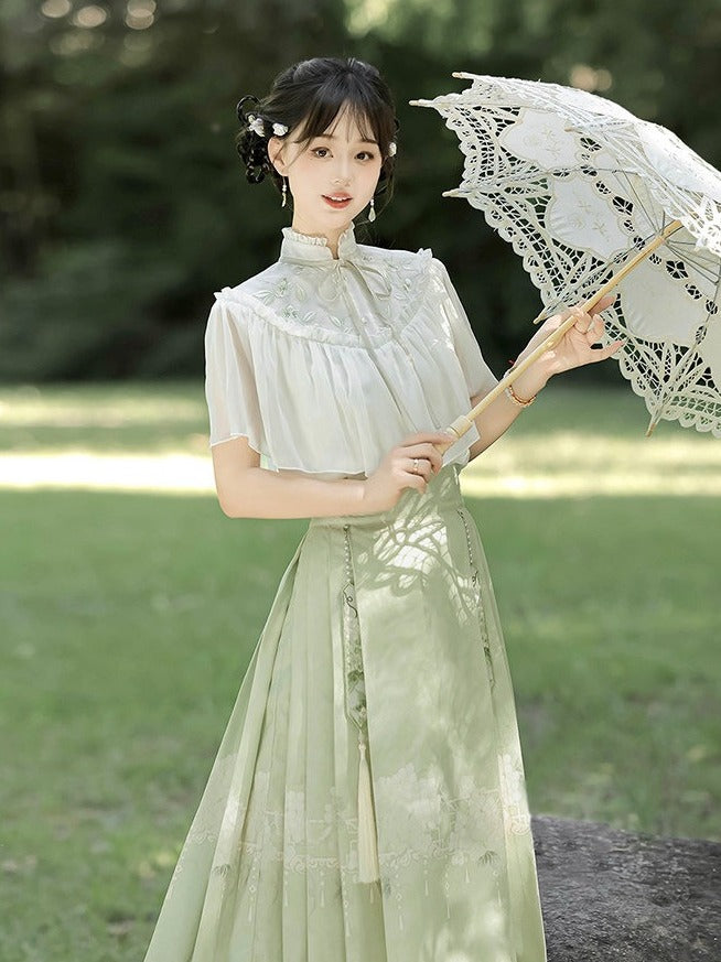 Ming-Style Green and White Top with Floral Print Long Mamian Skirt Set, Modern Chinese Style - Han Ru Chu Hanfu &amp; Han-Element Studi