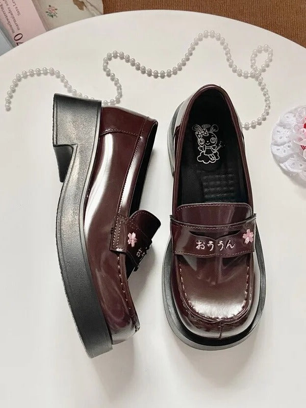 with Blossom Heel Cherry Uniform Embroidery Brown Shoes Style 3 School Options