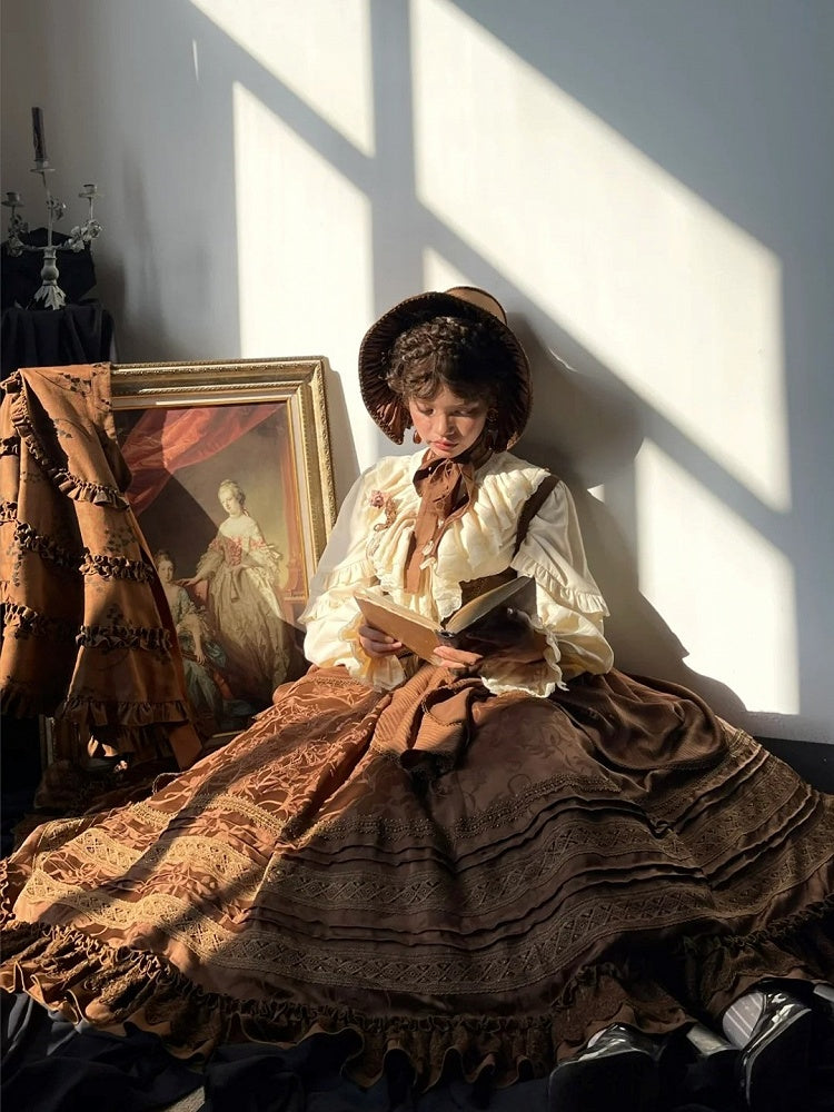 Lolita Brown Bust with Under Waist Embroidery Dress Detail Gothic Boned