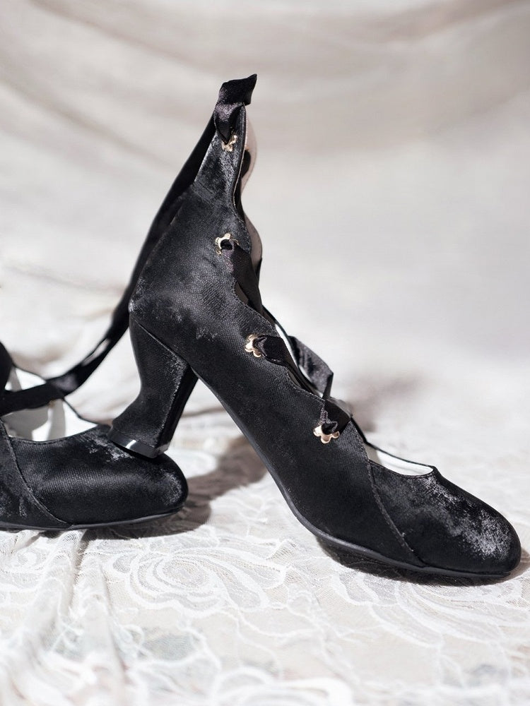 Pointed - High-heel Lace-up Design Lolita Toe Black Shoes Closure Elegant