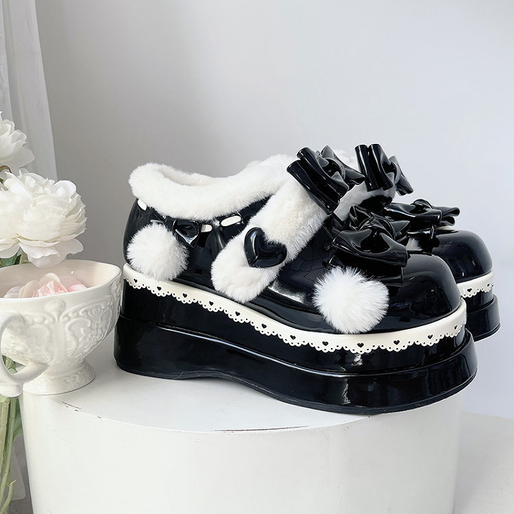 Lolita Black Cute Heart Bow Platform Shoes with Pompons