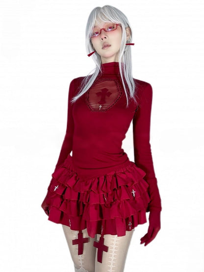 Mini with Gothic Bloomers Cross Skort Charms Built-in Red Tiered