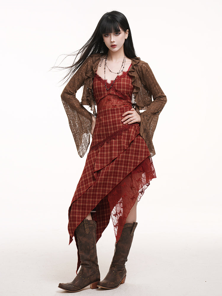 Coffee Punk Ruffled with Cardigan Fitted Slit Collar Cuffs