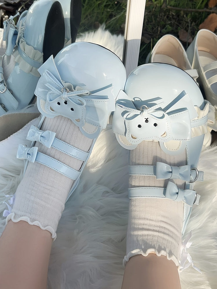 Jane Trim Shoes Mary Sweet Ruffle Themed Bear Lolita with Blue