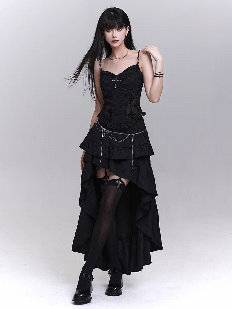 with Beaded Black Lace Patches Waist Cross Decorated Cami Top Chains