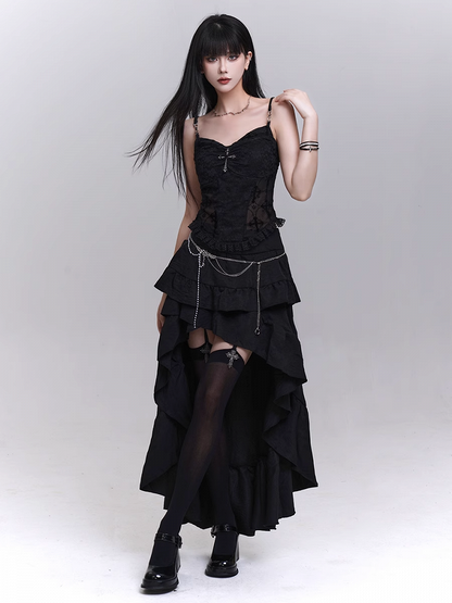 with Beaded Black Lace Patches Waist Cross Decorated Cami Top Chains