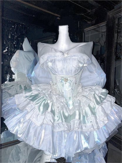 Korsettgürtel mit Schleppe, gestufte Rüschen, Satin, Hime Lolita, Hellgrün