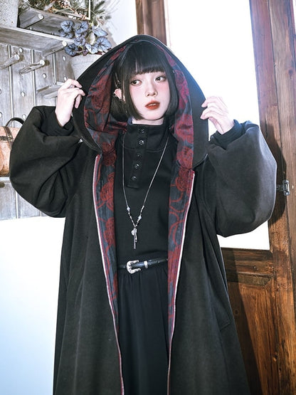 Noir fleuri - avec Imprimé Manteau Gothique à Capuche et Fermeture Éclair sur le Devant, Ourlet Bulle