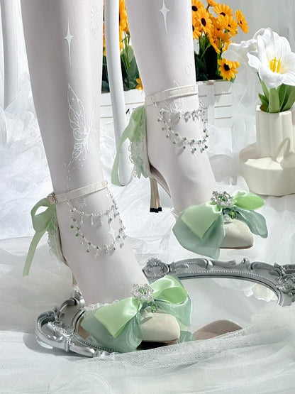 Emerald Pointed Lolita Heels with Lace Ankle Strap - Miaomiao Just for You