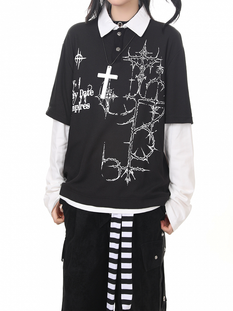 Two-Piece Top Cross Long Sleeve Black Punk Print Faux with